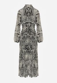 Renee - Beżowo-Czarna Sukienka Rozkloszowana z Wiązanym Paskiem Blerore. Kolor: beżowy. Materiał: materiał. Typ sukienki: koszulowe. Długość: maxi #5