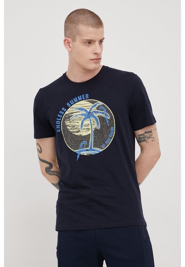 Tom Tailor t-shirt bawełniany kolor granatowy z nadrukiem. Kolor: niebieski. Materiał: bawełna. Wzór: nadruk