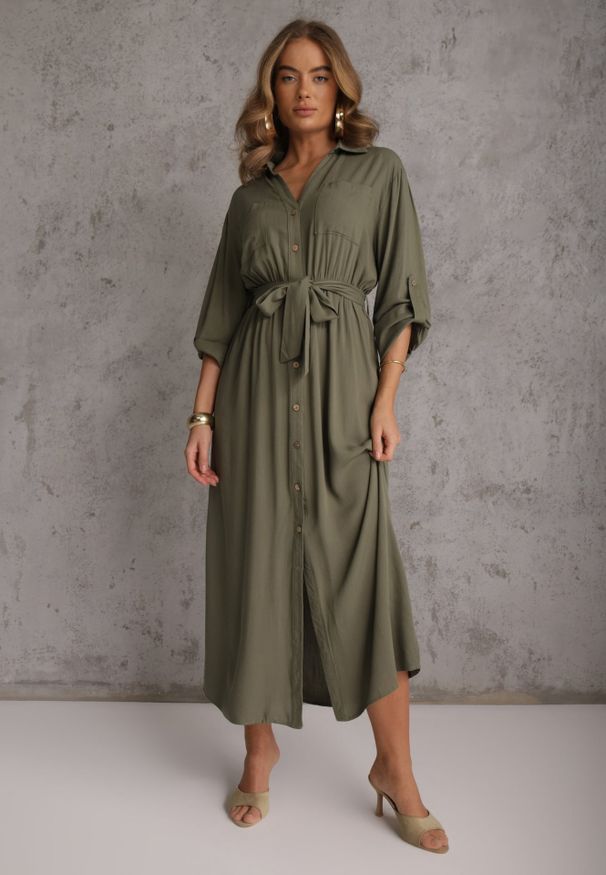 Renee - Zielona Koszulowa Sukienka Utility z Bawełny z Wiązanym Paskiem w Talii Retona. Okazja: na co dzień. Kolor: zielony. Materiał: bawełna. Sezon: lato. Typ sukienki: koszulowe. Styl: boho, glamour, casual