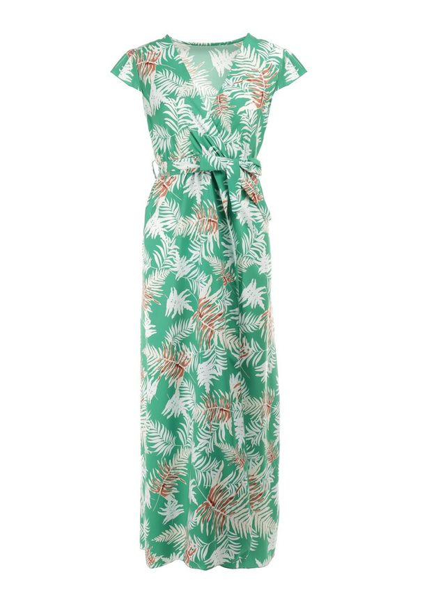 Born2be - Zielona Sukienka z Paskiem Myranie. Typ kołnierza: kołnierz z falbankami. Kolor: zielony. Materiał: tkanina, materiał. Wzór: kolorowy, kwiaty. Typ sukienki: rozkloszowane, kopertowe. Długość: maxi