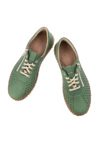 Półbuty damskie Wasak, niski fason sznurowanie boczny zamek ażurowa cholewka miękka konstrukcja elastyczna podeszwa, zielony, 0812. Okazja: na co dzień. Zapięcie: sznurówki. Kolor: zielony. Materiał: skóra, nubuk. Szerokość cholewki: normalna. Wzór: ażurowy. Sezon: wiosna, lato. Styl: casual, elegancki, klasyczny #6