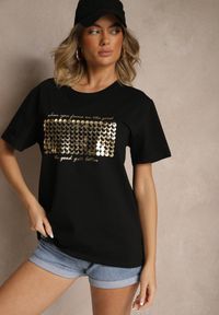Renee - Czarny T-shirt z Bawełny z Naszytymi Cekinami Avenelli. Okazja: na co dzień. Kolor: czarny. Materiał: bawełna. Wzór: aplikacja. Styl: klasyczny, elegancki, casual #4