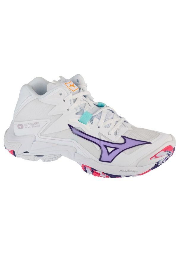 Mizuno - Buty do siatkówki damskie, Wave Lightning Z8 Mid. Kolor: biały, niebieski, wielokolorowy. Materiał: guma, syntetyk, tkanina, materiał. Model: Mizuno Wave. Sport: siatkówka