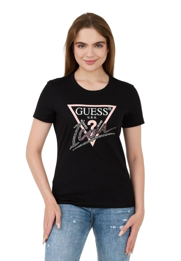Guess - GUESS Czarny damski t-shirt bawełniany Icon Tee, Rozmiar M. Kolor: czarny. Materiał: bawełna