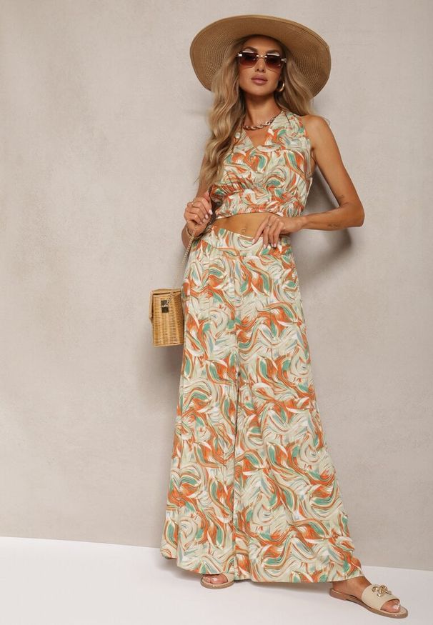 Renee - Pomarańczowo-Zielony Komplet Boho z Bawełny Krótki Top na Ramiączkach z Gumką Szerokie Spodnie Rasida. Kolor: pomarańczowy. Materiał: bawełna