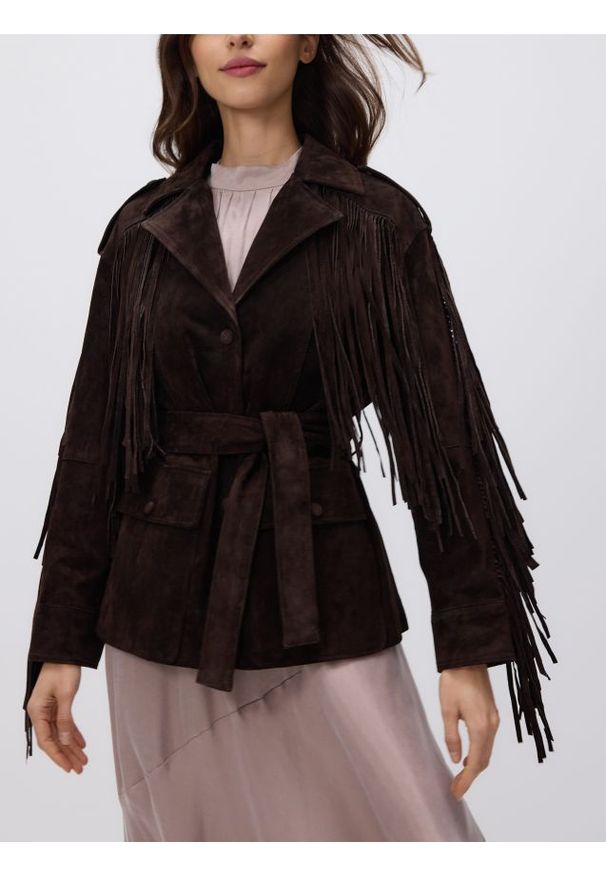 Reserved - Zamszowy płaszcz z frędzlami - ciemnobrązowy. Kolor: brązowy. Materiał: zamsz