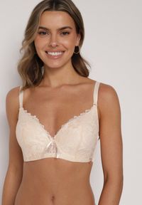 Born2be - Beżowy Koronkowy Biustonosz z Kokardką Nealenia. Kolor: beżowy. Materiał: koronka. Wzór: koronka #1