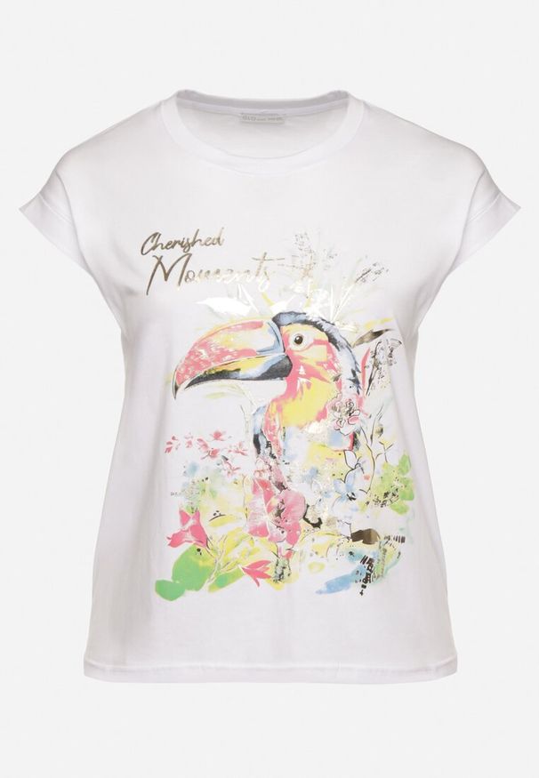 Born2be - Biały T-shirt z Bawełny z Nadrukiem i Metalicznym Napisem Norsemi. Okazja: na co dzień. Kolor: biały. Materiał: bawełna. Wzór: napisy, nadruk. Styl: casual