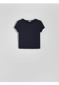 Reserved - T-shirt z merceryzowanej bawełny - granatowy. Kolor: niebieski. Materiał: bawełna