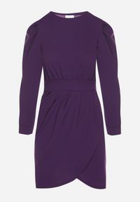 Born2be - Fioletowa Sukienka z Marszczeniem i Bufiastymi Rękawami Redenia. Kolor: fioletowy. Styl: klasyczny, elegancki #4