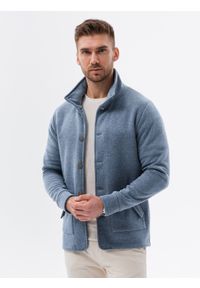 Ombre Clothing - Bluza męska zapinana na guziki ze stójką - jasnoniebieska V5. Typ kołnierza: kołnierzyk stójkowy. Kolor: niebieski. Materiał: poliester, bawełna