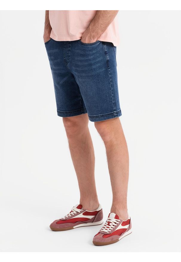 Ombre Clothing - Męskie szorty z gumką w pasie i efektem sprania – niebieskie V2 - Rozmiar: L. Okazja: na co dzień. Kolor: niebieski. Materiał: skóra, denim, materiał, bawełna, elastan. Sezon: lato. Styl: casual, elegancki