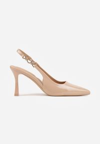 Renee - Ciemnobeżowe Eleganckie Szpilki Slingback VICES z Ozdobną Aplikacją przy Pasku Natera. Zapięcie: pasek. Kolor: beżowy. Wzór: aplikacja. Obcas: na szpilce. Styl: elegancki. Wysokość obcasa: średni #2