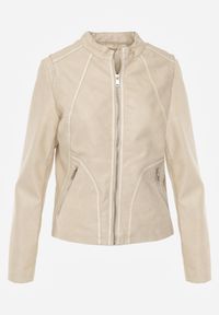 Born2be - Beżowa Taliowana Kurtka Ramoneska z Kontrastowymi Lamówkami Nissalea. Okazja: na co dzień. Kolor: beżowy. Materiał: poliester, skóra, jeans. Styl: casual #8