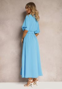 Renee - Niebieska Kopertowa Sukienka z Gumką w Talii i Paskiem Amperi. Typ kołnierza: dekolt w kształcie V. Kolor: niebieski. Typ sukienki: kopertowe. Styl: elegancki
