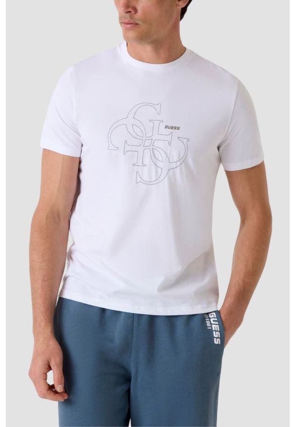 Guess - GUESS Biały bawełniany t-shirt męski na krótki rękaw z wyszywanym logo 4G Tiberio, Rozmiar XXL. Okazja: na co dzień. Kolor: biały. Materiał: bawełna. Długość rękawa: krótki rękaw. Długość: krótkie. Styl: casual, sportowy