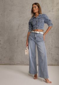 Renee - Niebieskie Szerokie Jeansy High Waist z Kieszonkami Thellona. Okazja: na co dzień. Stan: podwyższony. Kolor: niebieski. Wzór: aplikacja. Styl: casual #3