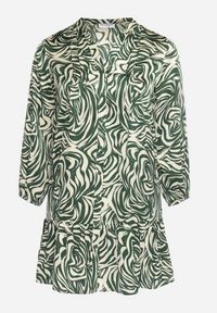 Born2be - Zielono-Beżowa Sukienka Mini z Falbanką i Abstrakcyjnym Wzorem Ovina. Kolor: zielony. Długość rękawa: długi rękaw. Długość: mini