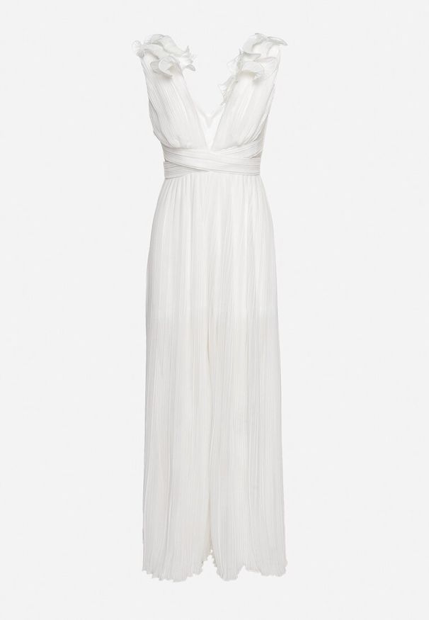 Born2be - Biały Plisowany Kombinezon Koktajlowy Ozdobiony Falbanami z Szerokimi Nogawkami Frelfrea. Kolor: biały. Materiał: materiał. Wzór: aplikacja. Styl: wizytowy