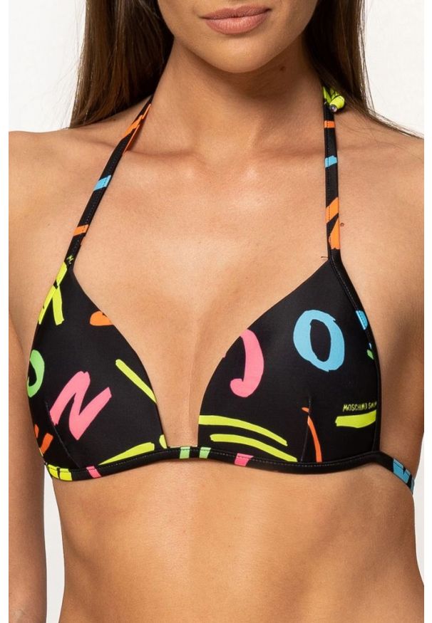 MOSCHINO Czarna góra od bikini w neonowe litery, Rozmiar M. Kolor: czarny. Wzór: aplikacja