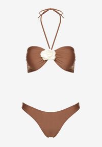Renee - Brązowe Bikini ze Spódniczką Ozdobione Kwiatową Aplikacją 3D Coren. Kolor: brązowy. Wzór: aplikacja, kwiaty #6