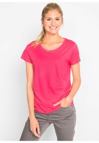 Shirt z okrągłym dekoltem (5 szt.), krótki rękaw bonprix różowy hibiskus + jasnoszary melanż + biały + czarny + ciemnoniebieski. Kolor: różowy. Materiał: jersey. Długość rękawa: krótki rękaw. Długość: krótkie. Wzór: melanż #5