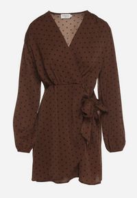 Born2be - Brązowa Sukienka Kopertowa w Kropki z Wiązaniem w Talii Enevie. Okazja: na co dzień. Kolor: brązowy. Wzór: kropki. Typ sukienki: kopertowe. Styl: casual, elegancki #4
