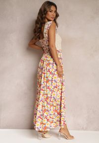 Renee - Żółto-Czerwona Maxi Wiskozowa Sukienka Maxi w Kwiaty z Kwadratowym Dekoltem Alten. Okazja: na co dzień. Typ kołnierza: dekolt kwadratowy. Kolor: żółty. Materiał: wiskoza. Wzór: kwiaty. Styl: casual. Długość: maxi #4