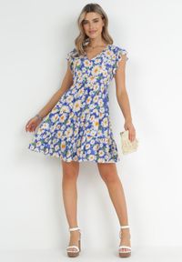 Born2be - Niebieska Sukienka Mini z Wiskozy z Gumką w Pasie i Falbankami Nidi. Typ kołnierza: kołnierz z falbankami. Kolor: niebieski. Materiał: wiskoza. Długość: mini #2