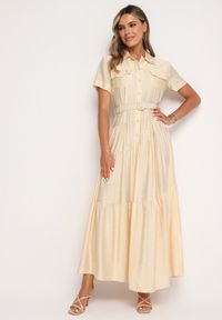 Born2be - Beżowa Sukienka Koszulowa o Rozkloszowanym Kroju z Paskiem w Talii Vimorise. Typ kołnierza: dekolt w kształcie V. Kolor: beżowy. Typ sukienki: koszulowe. Styl: elegancki #3
