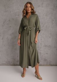 Renee - Zielona Koszulowa Sukienka Utility z Bawełny z Wiązanym Paskiem w Talii Retona. Okazja: na co dzień. Kolor: zielony. Materiał: bawełna. Sezon: lato. Typ sukienki: koszulowe. Styl: boho, glamour, casual #3
