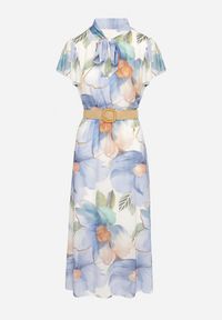 Born2be - Jasnoniebieska Sukienka o Rozkloszowanym Kroju z Wiązaniem przy Dekolcie i Paskiem Sorilina. Okazja: na co dzień. Kolor: niebieski. Długość rękawa: krótki rękaw. Wzór: kwiaty. Styl: casual, elegancki #5