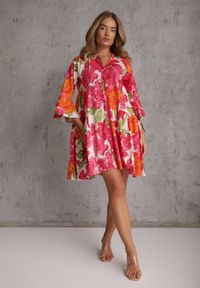Renee - Różowa Bawełniana Sukienka Koszulowa w Kwiaty z Koralikami Piletes. Kolor: różowy. Materiał: bawełna. Wzór: kwiaty. Typ sukienki: koszulowe. Styl: elegancki, wakacyjny #3