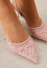 Born2be - Różowe Szpilki VICES z Odkrytą Piętą z Bogato Zdobionym Noskiem z Koralikami Daphironei. Okazja: na co dzień, do pracy, na spotkanie biznesowe. Kolor: różowy. Materiał: jeans. Wzór: aplikacja. Obcas: na szpilce. Styl: klasyczny, casual, biznesowy, elegancki #2