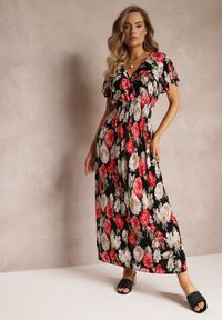 Renee - Czarno-Czerwona Kopertowa Sukienka Maxi w Kwiaty z Gumką w Talii Jazzly. Kolor: czerwony. Materiał: materiał. Długość rękawa: krótki rękaw. Wzór: kwiaty. Typ sukienki: kopertowe. Długość: maxi #4