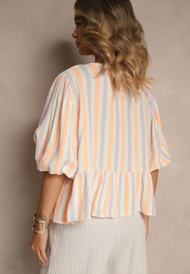 Renee - Pomarańczowa Bluzka z Bawełny w Prążki Zdobiona Wiązaniem i Falbaną Farettia. Okazja: na co dzień. Kolor: pomarańczowy. Materiał: bawełna. Wzór: aplikacja, prążki. Styl: casual, klasyczny