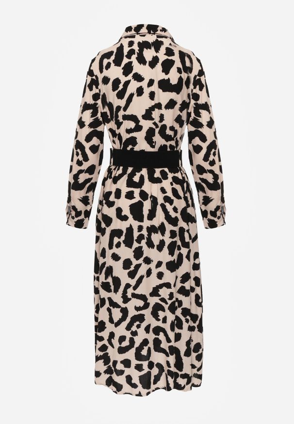 Born2be - Beżowo-Czarna Sukienka Koszulowa w Cętki z Paskiem Kalandra. Okazja: na spotkanie biznesowe. Typ kołnierza: dekolt w kształcie V. Kolor: beżowy. Materiał: wiskoza, materiał. Długość rękawa: długi rękaw. Typ sukienki: koszulowe. Styl: biznesowy