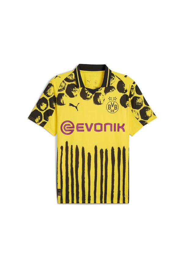 Puma - Męska koszulka KIDSUPER × BORUSSIA DORTMUND PUMA. Kolor: żółty, czarny, wielokolorowy. Wzór: geometria, kolorowy. Sport: piłka nożna