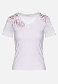 Born2be - Biały Bawełniany T-shirt z Dekoltem w Serek z Cyrkoniową Aplikacją Nirivale. Okazja: na co dzień. Typ kołnierza: dekolt w serek. Kolor: biały. Materiał: bawełna. Wzór: aplikacja. Styl: elegancki, casual