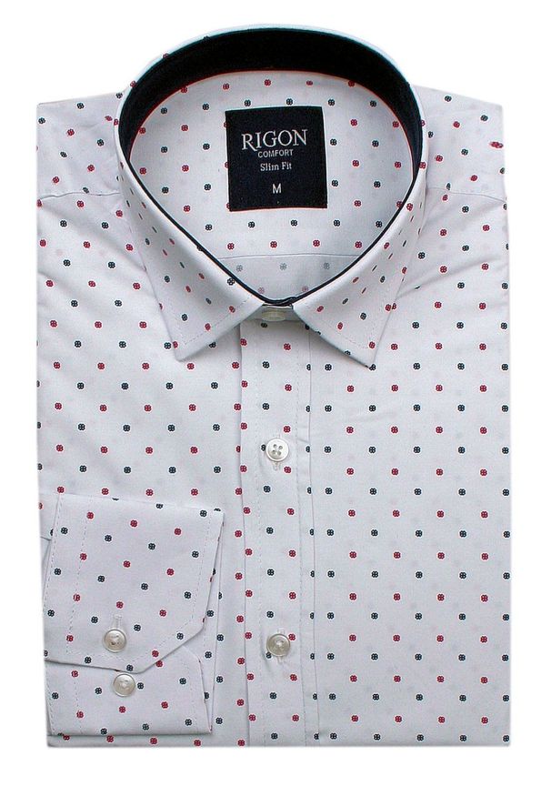 Męska, Taliowana (Slim Fit) Koszula Wizytowa - Rigon - Biała w Kolorowy Groszek. Okazja: na spotkanie biznesowe, do pracy. Kolor: biały. Materiał: bawełna, elastan. Długość rękawa: długi rękaw. Długość: długie. Wzór: kolorowy, grochy. Styl: wizytowy
