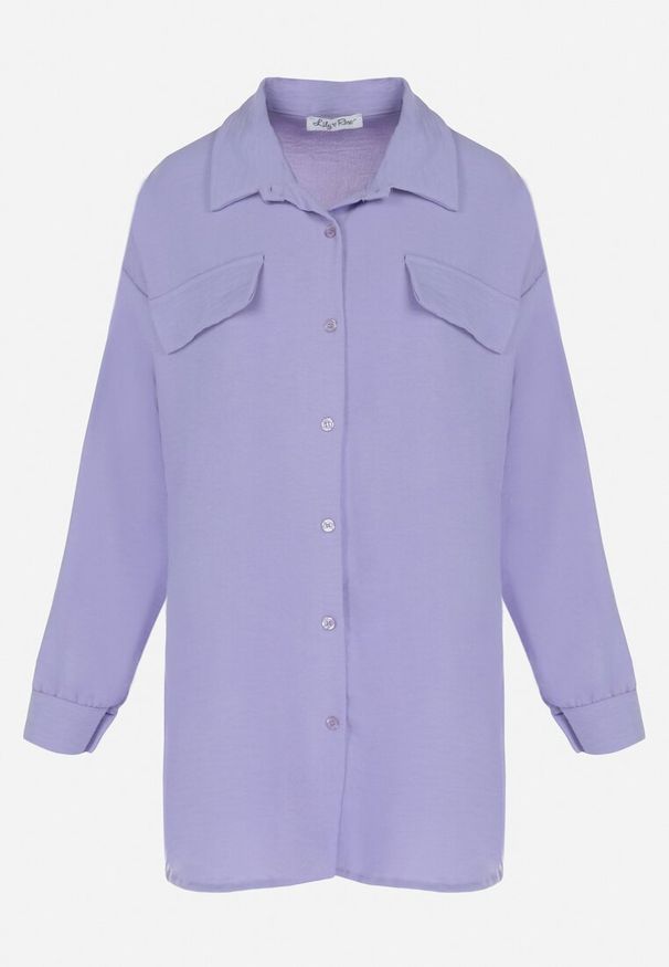 Born2be - Fioletowa Koszula z Kołnierzem i Ozdobnymi Klapami Keitlyn. Typ kołnierza: kołnierzyk klasyczny. Kolor: fioletowy. Materiał: jeans. Styl: klasyczny