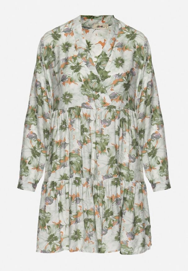 Born2be - Beżowo-Zielona Sukienka Mini w Kwiaty z Rozkloszowanym Falowanym Dołem Darae. Typ kołnierza: dekolt kopertowy. Kolor: beżowy. Długość rękawa: długi rękaw. Wzór: kwiaty. Typ sukienki: kopertowe. Długość: mini