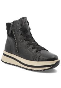 Czarne Sneakersy Rieker Wygodne Obuwie Damskie Na Platformie. Zapięcie: sznurówki. Kolor: czarny. Materiał: skóra. Obcas: na platformie. Sport: turystyka piesza