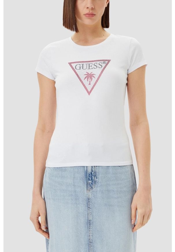 Guess - GUESS Biały damski t-shirt z logo z cyrkoniami Triangle Rhinestones, Rozmiar XS. Okazja: na co dzień. Kolor: biały. Styl: elegancki, casual, klasyczny