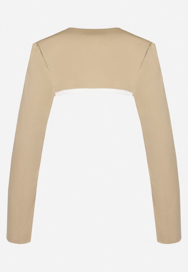 Born2be - Beżowe Bawełniane Bolerko z Długim Rękawem Nestanora. Okazja: na spotkanie biznesowe, do pracy, na imprezę, na ślub cywilny, na wesele. Kolor: beżowy. Materiał: bawełna. Długość rękawa: długi rękaw. Długość: długie. Styl: klasyczny, biznesowy