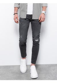Ombre Clothing - Spodnie męskie jeansowe z przetarciami i dziurami SKINNY FIT P936 - czarne - XXL. Kolor: czarny. Materiał: jeans
