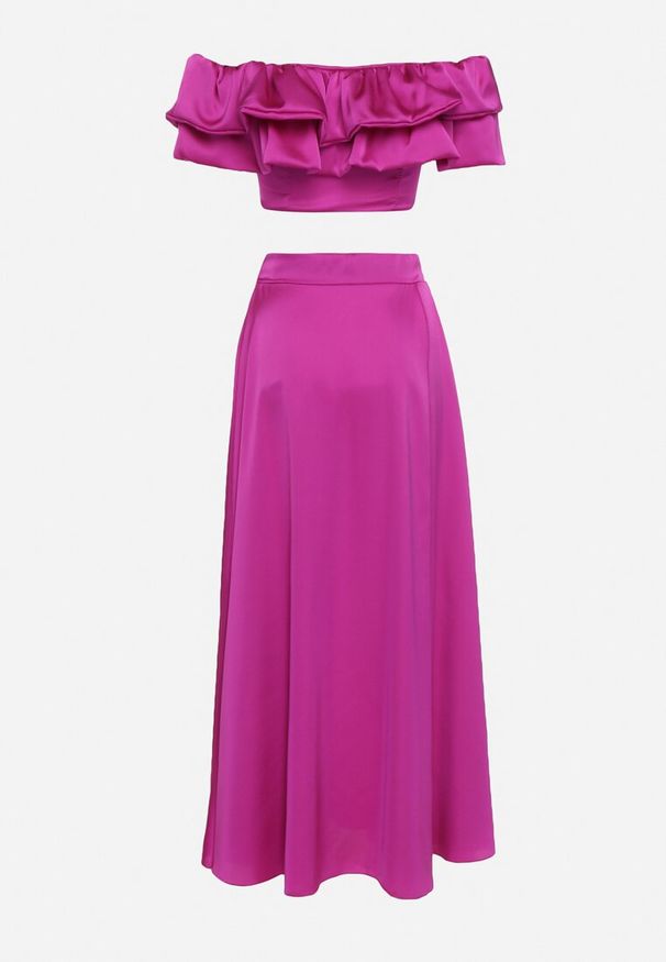 Born2be - Fioletowy Komplet z Bluzką Hiszpanką z Falbankami i Spódnicą z Długim Rozcięciem na Boku Cevana. Kolor: fioletowy. Materiał: materiał. Wzór: aplikacja