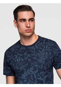 Ombre Clothing - Męski t-shirt bawełniany z nadrukiem z motywem roślinnym - granatowa V4 - Rozmiar: L. Okazja: na co dzień, na spacer. Kolor: niebieski. Materiał: bawełna. Długość rękawa: krótki rękaw. Długość: krótkie. Wzór: nadruk. Styl: casual, klasyczny