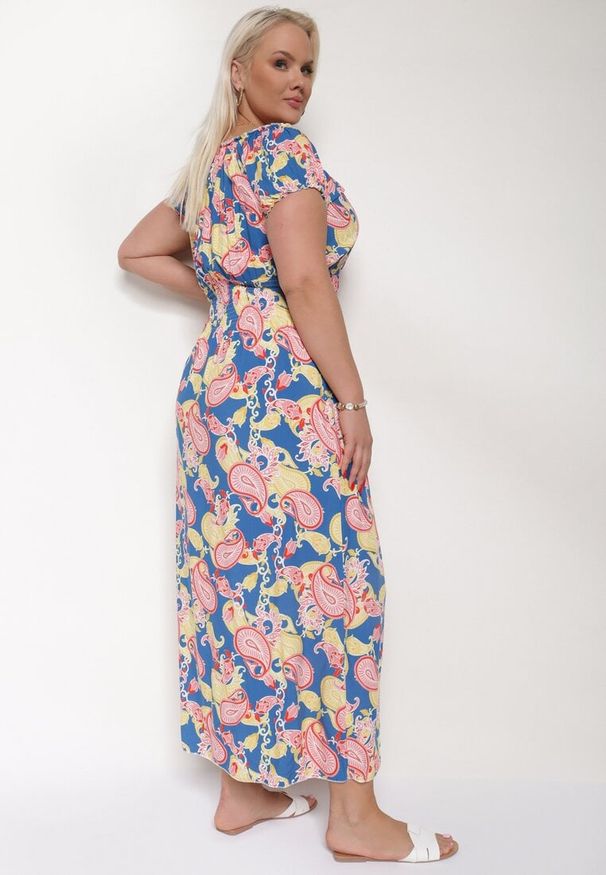 Born2be - Niebiesko-Różowa Bawełniana Sukienka z Gumką w Pasie Zilletta. Okazja: na co dzień, na randkę. Kolor: niebieski. Materiał: bawełna. Styl: casual, klasyczny