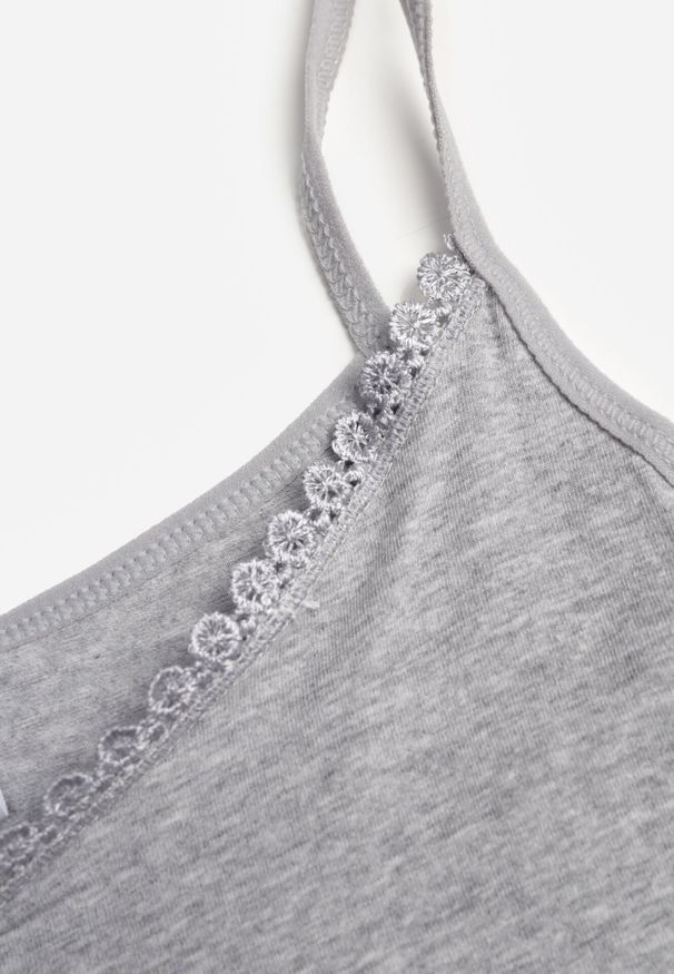 Born2be - Ciemnoszary Bieliźniany Top z Bawełny Ozdobiony Koronkową Lamówką Bervina. Kolor: szary. Materiał: bawełna, koronka. Wzór: aplikacja